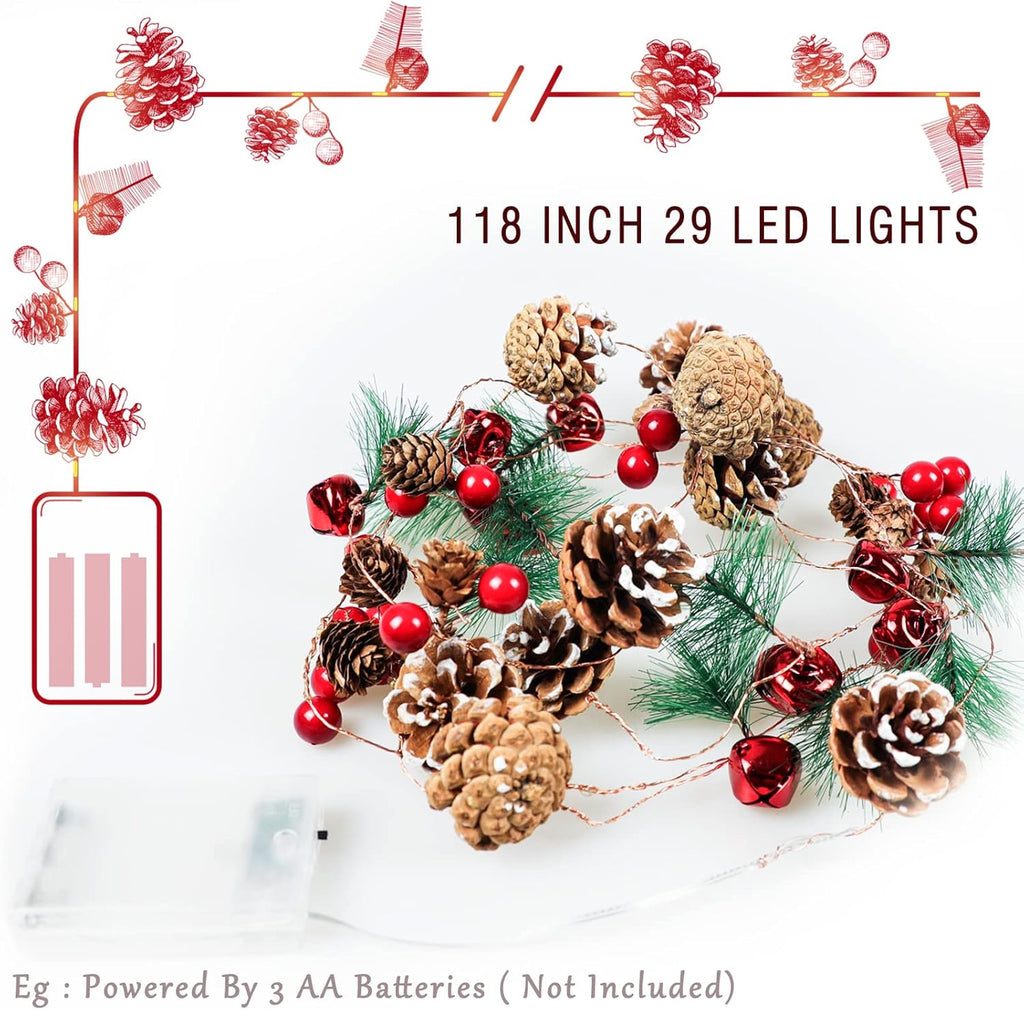 10FT Christmas Garland with 30 LED Lights, Berries & Pine Cones Decor