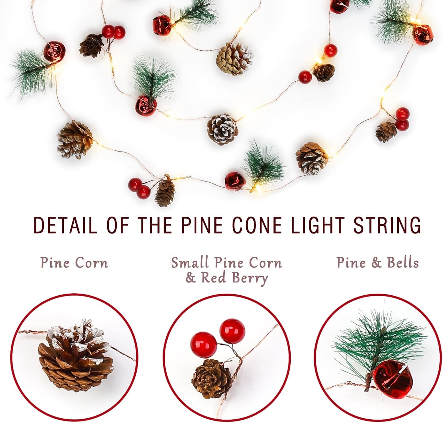 10FT Christmas Garland with 30 LED Lights, Berries & Pine Cones Decor