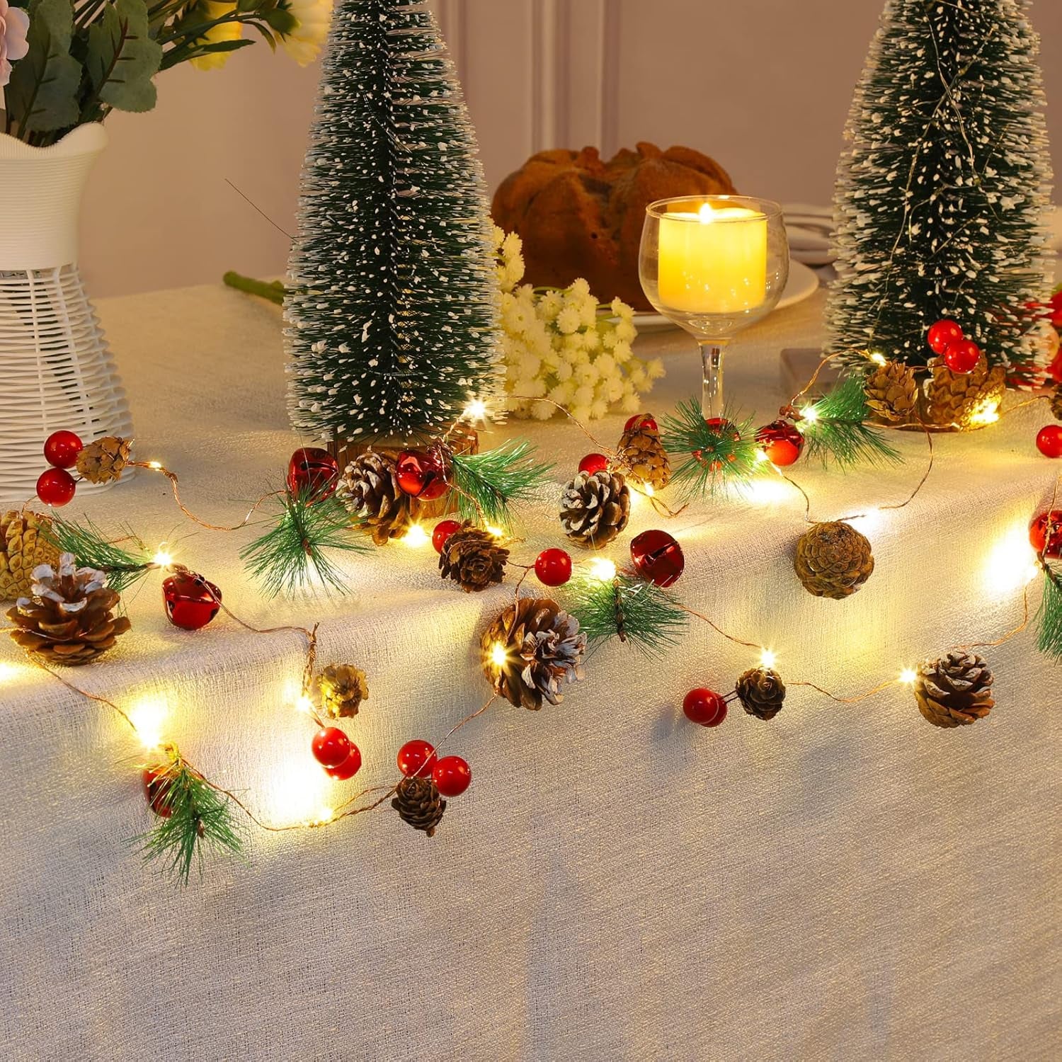 10FT Christmas Garland with 30 LED Lights, Berries & Pine Cones Decor
