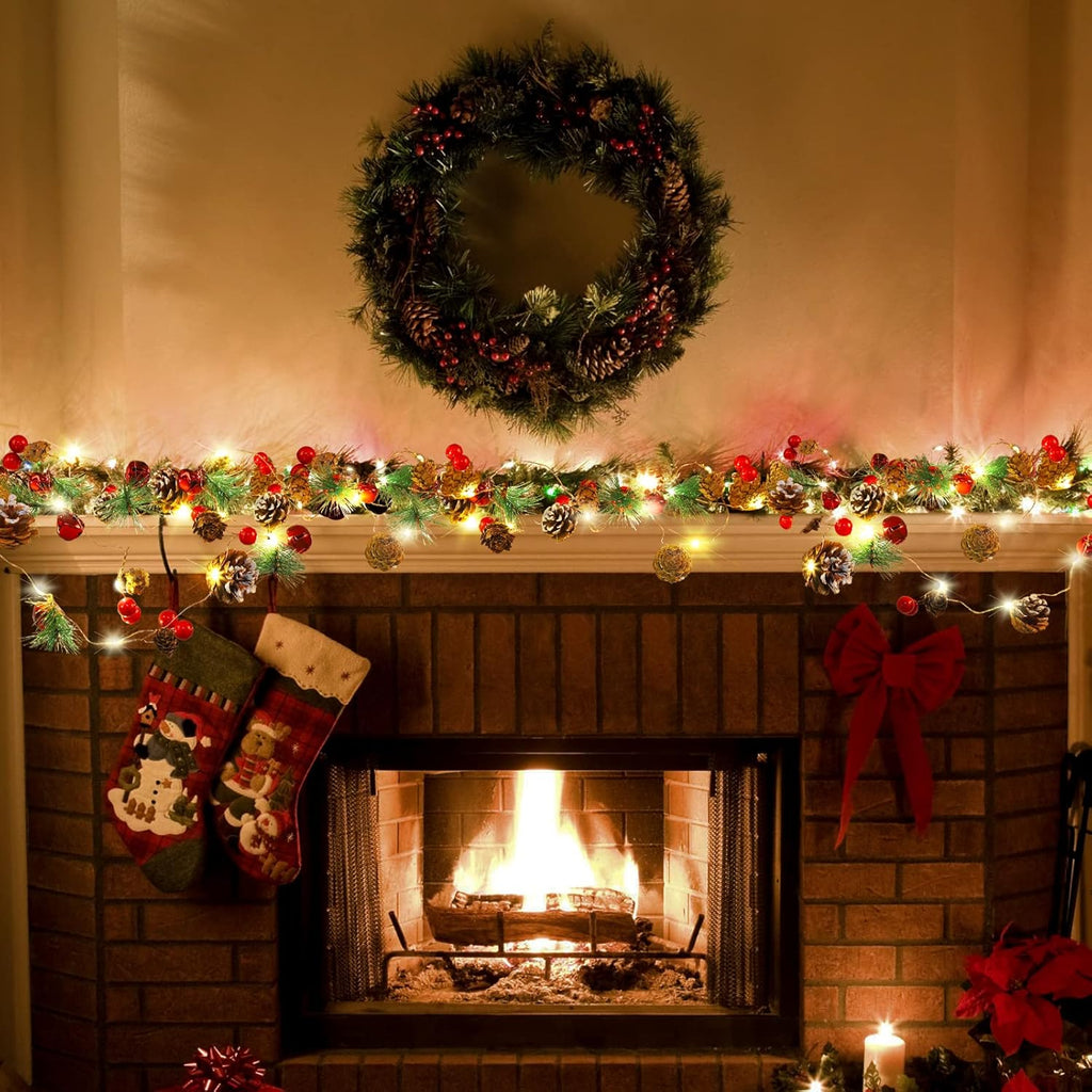 10FT Christmas Garland with 30 LED Lights, Berries & Pine Cones Decor