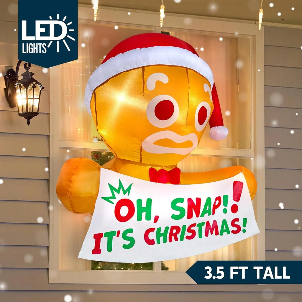 3.5 FT Christmas Inflatables Window Outdoor Decorations,Gingerbread Man with Oh Snap Banner Broke Out from Window Blow Ups Yard with Built-In Leds for Holiday