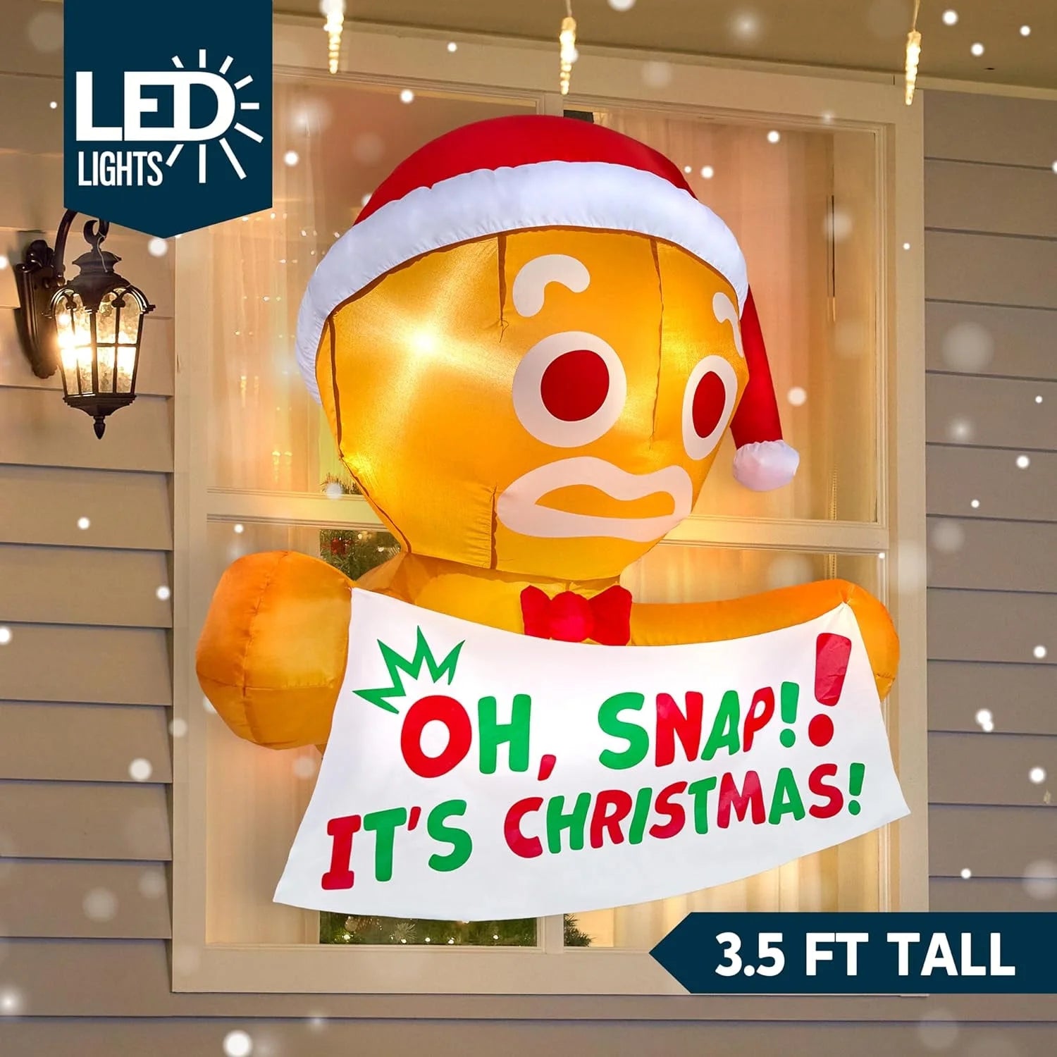 3.5 FT Christmas Inflatables Window Outdoor Decorations,Gingerbread Man with Oh Snap Banner Broke Out from Window Blow Ups Yard with Built-In Leds for Holiday