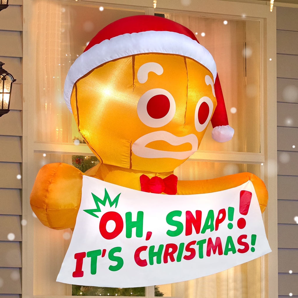 3.5 FT Christmas Inflatables Window Outdoor Decorations,Gingerbread Man with Oh Snap Banner Broke Out from Window Blow Ups Yard with Built-In Leds for Holiday